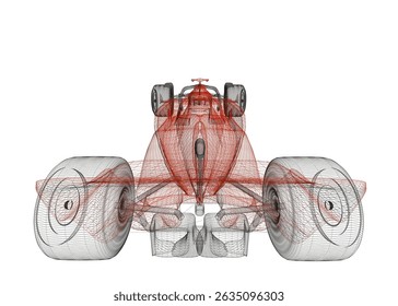 A red and white racing car. The car is shown in a stylized way, with the wheels and tires emphasized. The image has a sense of motion and speed. Back view