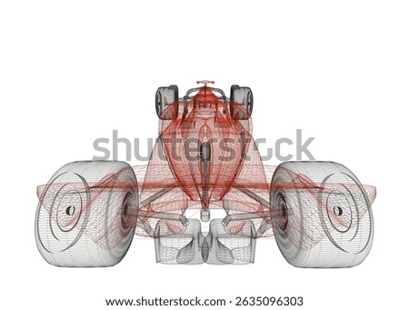 A red and white racing car. The car is shown in a stylized way, with the wheels and tires emphasized. The image has a sense of motion and speed. Back view