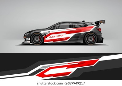 Diseño de envoltura de coche de carreras rojo y blanco con franjas geométricas atrevidas y un diseño limpio y aerodinámico. Perfecto para proyectos de automovilismo, rally o marca comercial. Proporcionado en Vector EPS totalmente editable 