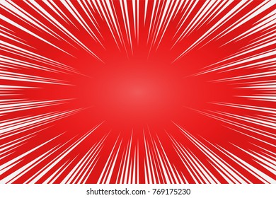 Red and white radial lines comics style backround. Manga action, speed abstract. Vector illustration