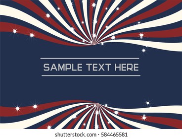 Red and White Radial Swirl with sparkling star vector on Blue background. Flag Sunburst with shining stars Illustration for backdrop, banner or advertisement.