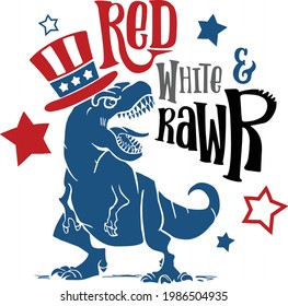 Rot weiß und rawr usa Unabhängigkeit Tag 4 der juli t-shirt Design. America Saurus Rex. USA T-Rex Dino. Druck für T-Shirt, Banner, Poster, Mug etc., Vektorgrafik.