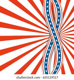 Red and white rays.Abstract background USA independence day.Two ribbons with stars.