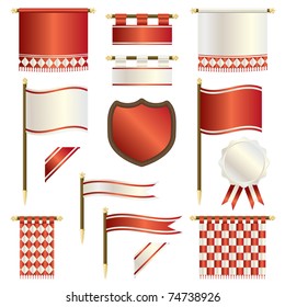 red and white regal banners, flags and shields isolated on white