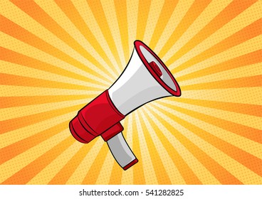 red and white retro megaphone on yellow halftone background