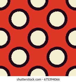 Red and white retro polka dots with rough edges seamless vector pattern. Decorative ringed circles background for print, textile, t-shirt, fabric, wallpaper, poster, home decor, packaging, or web use.