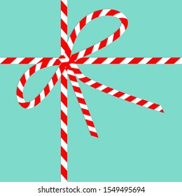 Red White ribbon bow knot on blue background. Merry Christmas. Candy cane striped color. Cute xmas holiday decoration. Flat design. Isolated. Vector illustration.
