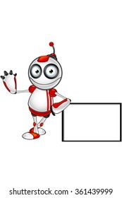 Red And White Robot - Leaning On Blank Sign