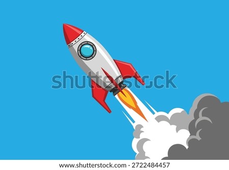 Red and white rocket launching into blue sky with smoke trail space