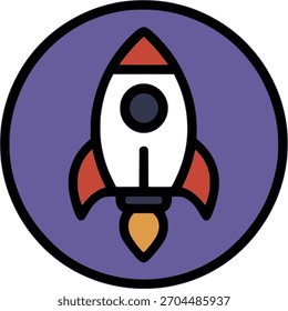 Ein rot-weißes Raketenschiff-Symbol in einem violetten Kreis