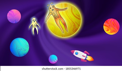 Red white rocket spaceship launcher vector design. Cute aliens cosmic cartoon characters, humanoid creatures. Exploration rocket icon illustration isolated. Cartoon space ship flying.