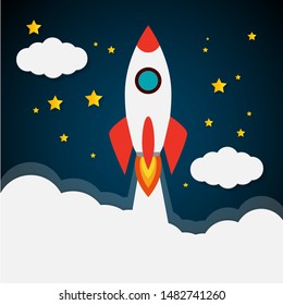 Red and white rockets flying in the sky with white clouds. Red white rockets flying into the night sky full of stars and yellow moons to travel into space.