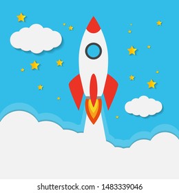 Red and white rockets flying in the sky with white clouds. Red white rockets flying into the night sky full of stars and yellow moons to travel into space.