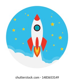 Red and white rockets flying in the sky with white clouds. Red white rockets flying into the night sky full of stars and yellow moons to travel into space.
