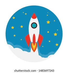 Red and white rockets flying in the sky with white clouds. Red white rockets flying into the night sky full of stars and yellow moons to travel into space.
