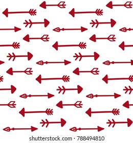 Red and white romantic arrow abstract seamless pattern.Hand drawn vector texture.