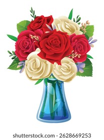 Red and white rose bouquet in a glass vase, perfect for romantic or festive designs. Vector cartoon illustration