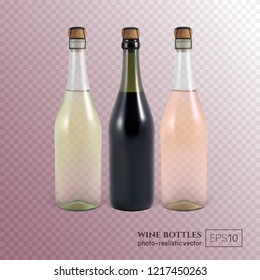 Red, white and rose wine bottles on transparent background. This wine bottles can be placed on any background.