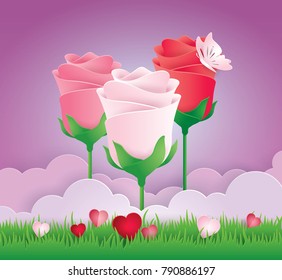 Red and White Roses with Butterfly in sky with cloud, Pink and Red Heart Shape Paper Cut on glass, Happy Valentines, Paper art vector and illustration.
