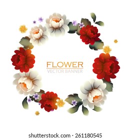 Red & white roses, flower wreath with round label. Vector illustration