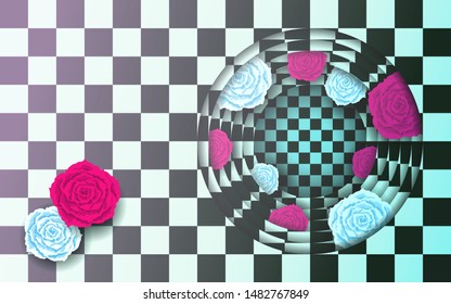 Red and white roses on chess background. Wonderland rabbit hole