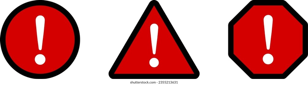 Signo de advertencia de advertencia de color rojo redondo blanco octagonal y triangular con signo de precaución de exclamación con marca plana de icono. Imagen vectorial.