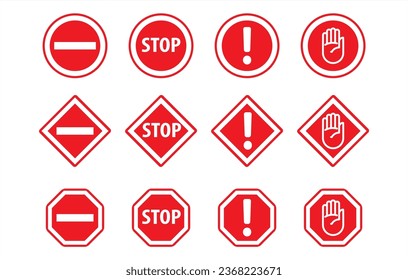 Red and white round circle octagonal and triangular warning or attention caution sign with exclamation mark flat icon set. vector image. Human palm, roadside, do not enter, prohibition sign.