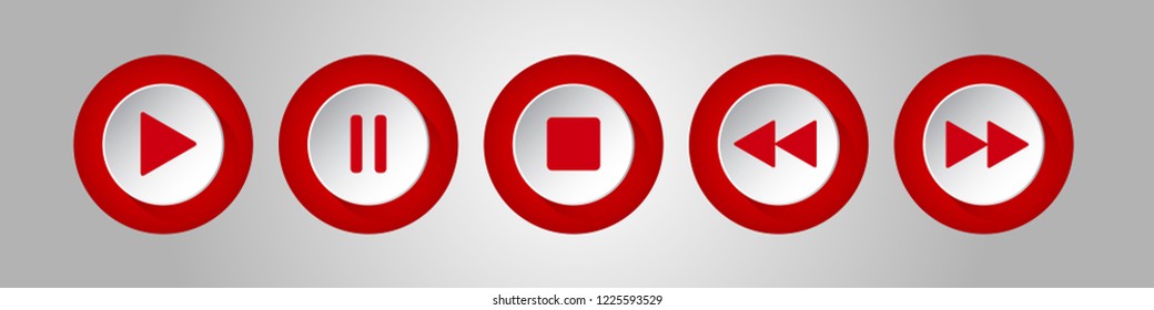 red, white round music control buttons set - five icons with shadows in front of a silver background
