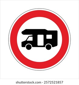 Red and white round road sign prohibiting parking for motorhomes and camper vans.