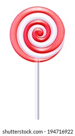 Red and white round spiral candy. Strawberry or cherry lollipop.