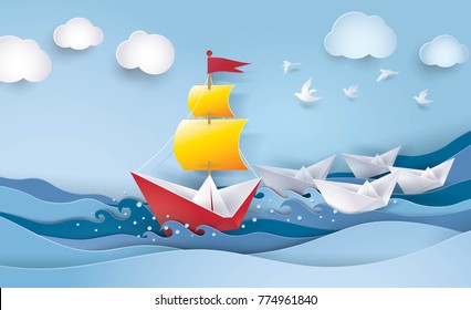 Red And White Sailing Boat In The Ocean, Leadership And Business Concept, Creative Idea, Paper Art Vector And Illustration