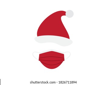 Red White Santa Claus hat and Face mask on White background