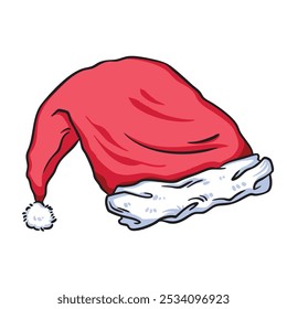Red and white santa hat colorful illustration isolated on square white background. Simple flat outlined cartoon art styled drawing.