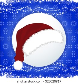 Red and White Santa Hat Over Christmas Decorated Blue Background