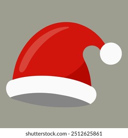 Um chapéu de Papai Noel vermelho e branco com um pom branco no cinza