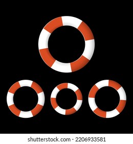Red and white sea lifebuoy ring set on a black background. Support and rescue help. Bailout