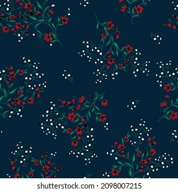 red and white seamless floral vector small flowers with green leaves bunches pattern on navy background