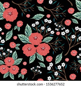 Red and white seamless flowers pattern. Delicate petals and vibrant blossoms create an artistic and vintage botanical illustration. Perfect for wallpaper, fabric, wrapping paper and more.