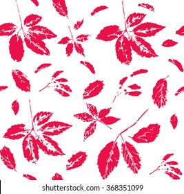 Red and white seamless pattern with leaves of wild grape and maple seeds stylized as stamp or imprint; rustic or boho style. May be used for textile, wrapping paper or in scrapbooking