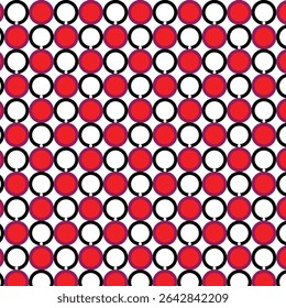 red and white seamless pattern, red solid circles and white hollow circles, repeating pattern, visual rhythm, solid and hollow shapes and the alternating colors.