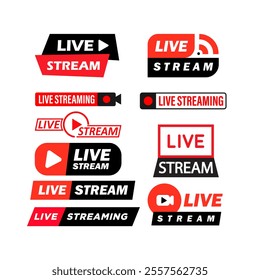 Red and white set with play buttons, logos, and symbols for real-time engagement. Perfect for social media and online platforms.