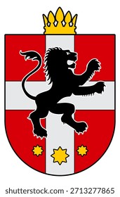 Un escudo rojo y blanco con un león en él