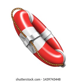 Red und White Ship Safe Life Circular Boje Vector. Farbige Runde Boje Seebadegerät mit Seil. Emergency Assistance Float Badeobjektvorlage Realistische 3D-Illustration