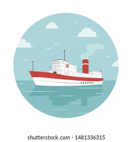 Red and white ship sailing on the sea. The sky in clouds and gulls. Composition in the round.