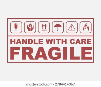 A red and white shipping label with multiple warning symbols and the words FRAGILE and HANDLE WITH CARE.