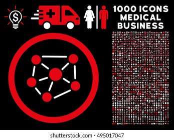 Red And White Social Graph vector bicolor rounded icon. Image style is a flat icon symbol inside a circle, black background. Bonus clip art contains 1000 medical business elements.