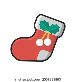 Red white sock with holly leaf with outline in flat vector design.