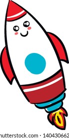 A red and white space ship that looks like it just took off because it has a fire tail. It has red fins, vector, color drawing or illustration. 