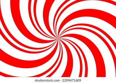 Red and white spiral background. Candy cane colors whirl backdrop. Abstract striped vintage pattern. Pop art whirlpool. Twisted backdrop. Swirl lollipop hypnotic rotation effect. Vector illustration. 