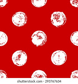 Red and white sponge print polka dot geometric grunge seamless pattern, vector